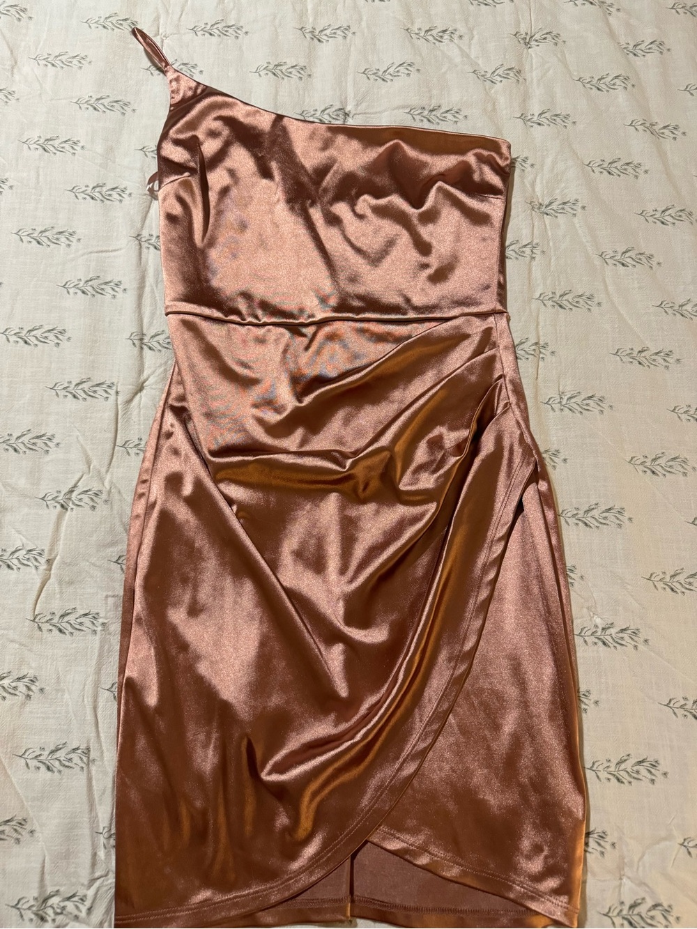 Asymmetrical One-Shoulder Satin Mini Dress in Rose Copper